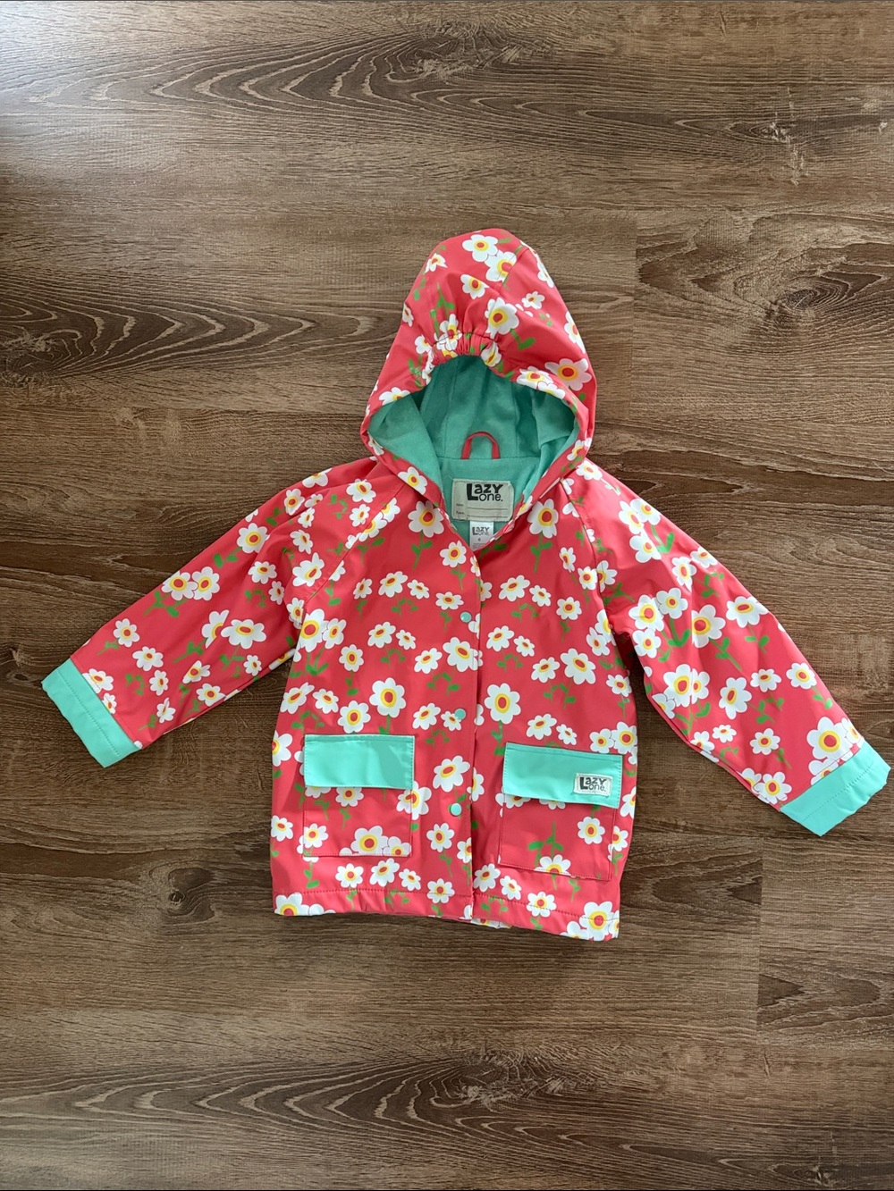 Lazy One Girls' Floral Hooded Raincoat - Coral Pink with Mint